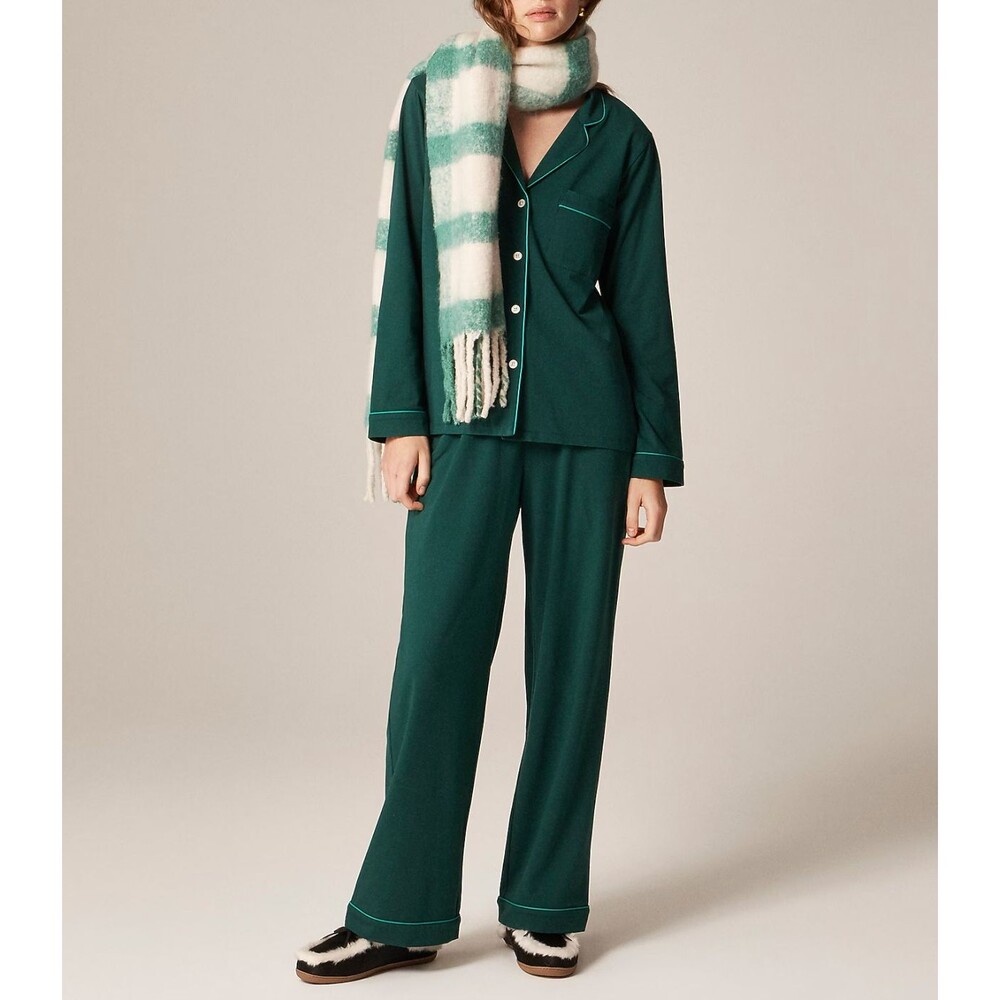 J.Crew Pajama Set cotton contrast trim womens Green (medium) loungewear sleep